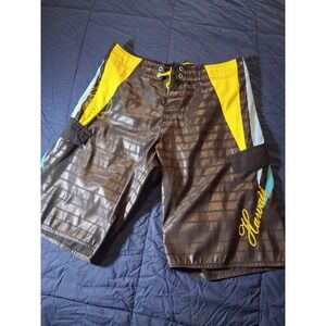 Hawaii Board Shorts Mens 32 Black Yellow Blue Microfiber Cargo Swim Trunks N90